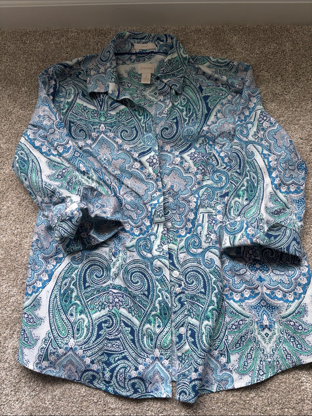 Chico's Blue and Green Paisley Button-Down Shirt size 1